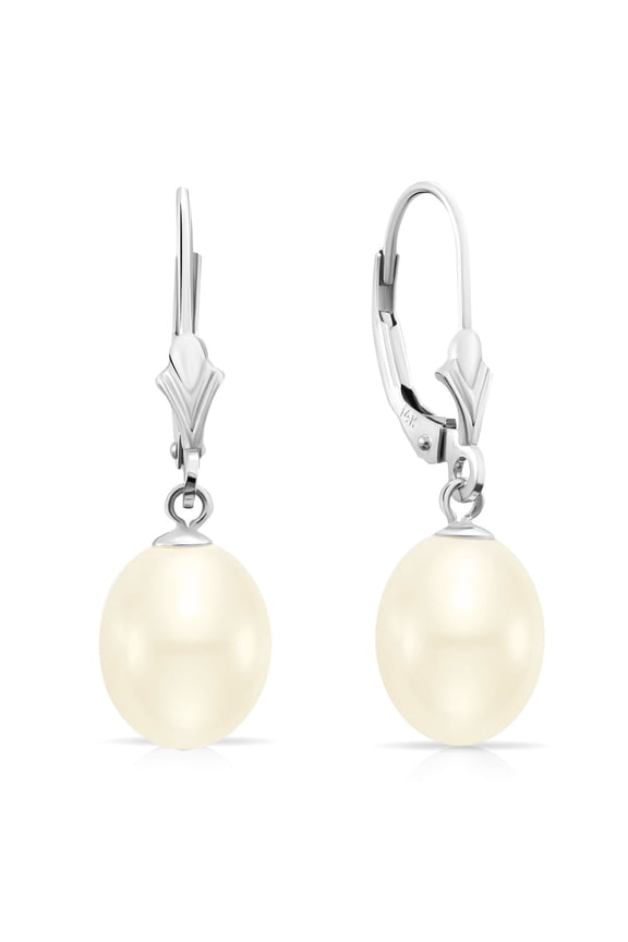 14K White Gold 8.5-9mm White Freshwater Pearl Drop Earrings with Secure Leaver-Backs | Handmade Fancy Earrings for Women & Unisex