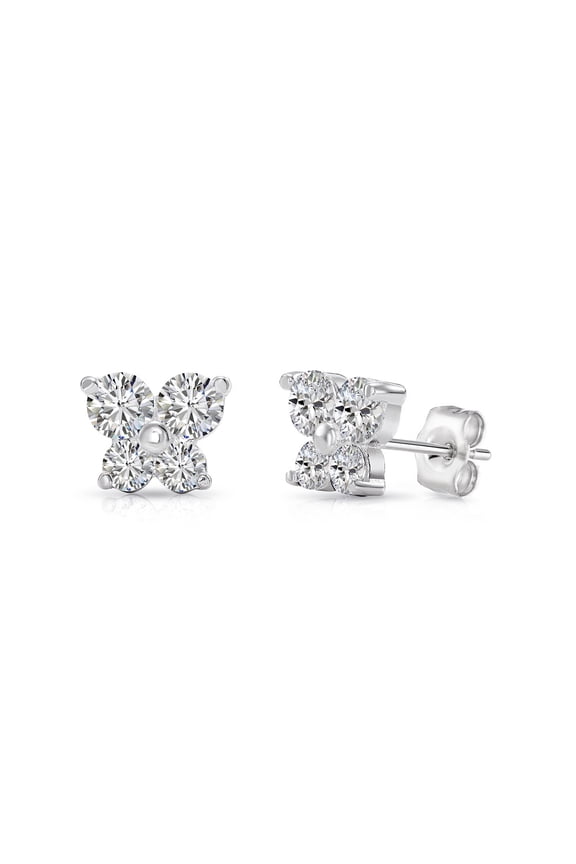 14K White Gold Butterfly Stud Post Earrings with Cubic Zirconia CZ Stones | Secure Push-Backs | Dainty Everyday Earrings for Women & Unisex