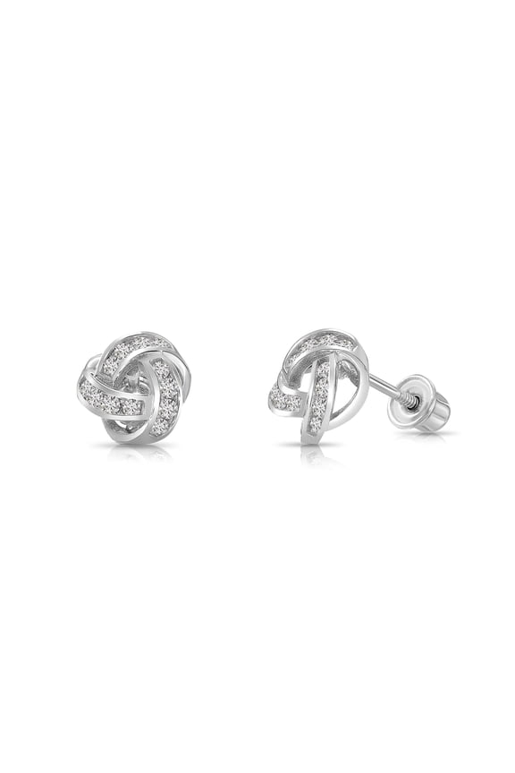 14K White Gold Dainty Love Knot Stud Earrings with Cubic Zirconia CZ Stones | Secure Screw-Backs | Classic Everyday Earrings for Women & Unisex