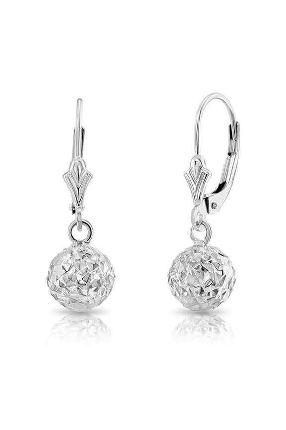 14K White Gold Diamond-Cut Ball Drop Dangle Earrings with Secure Leaver-Backs | 8mm | Everyday Earrings for Women & Unisex