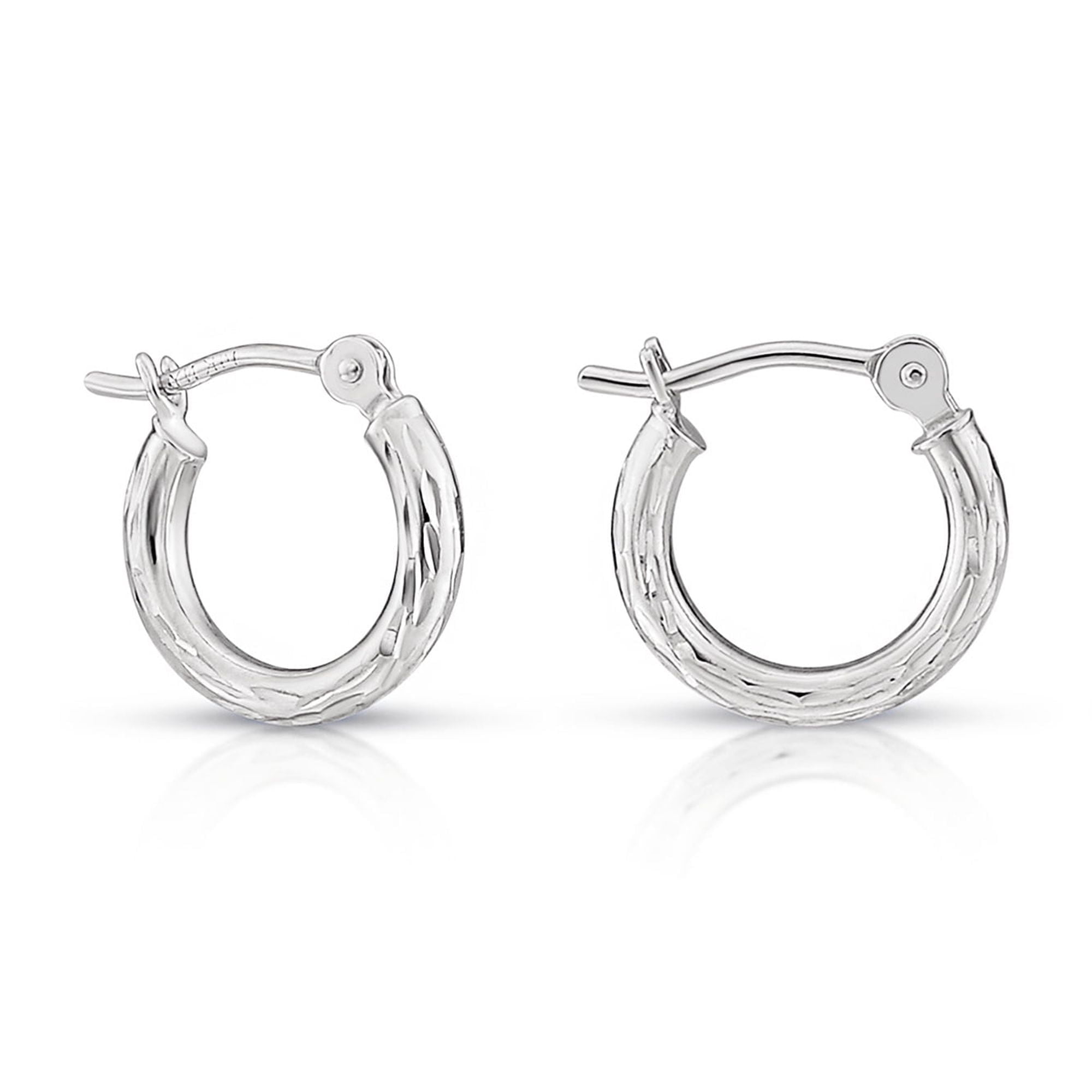 Tilo Jewelry 14K White Gold Diamond-Cut Engraved Round Hoop Earrings (12mm) for Women, Men, Unisex