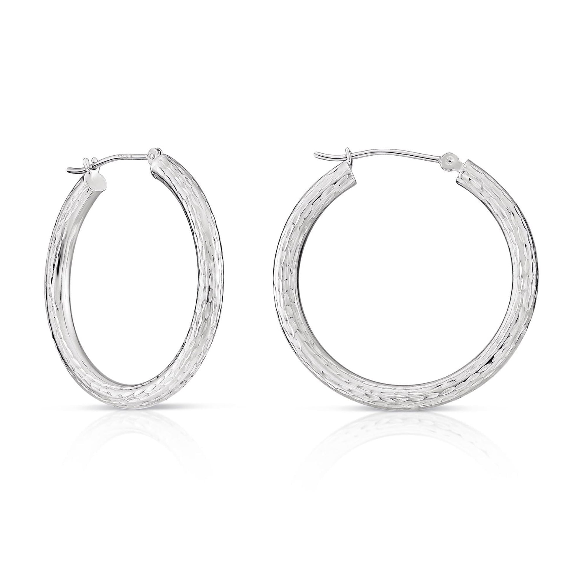 Tilo Jewelry 14K White Gold Diamond-Cut Engraved Round Hoop Earrings (20mm) for Women & Unisex