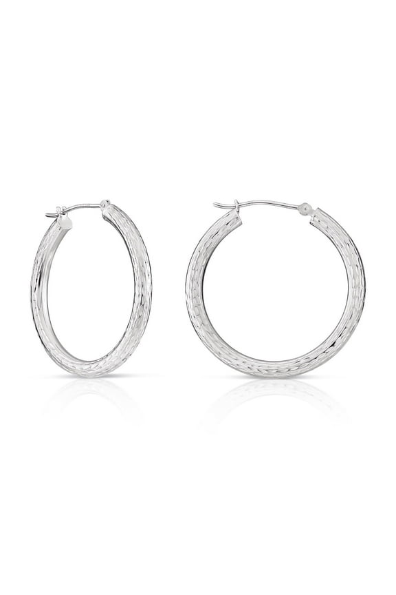 14K White Gold Diamond-Cut Engraved Round Hoop Earrings (20mm) for Women & Unisex