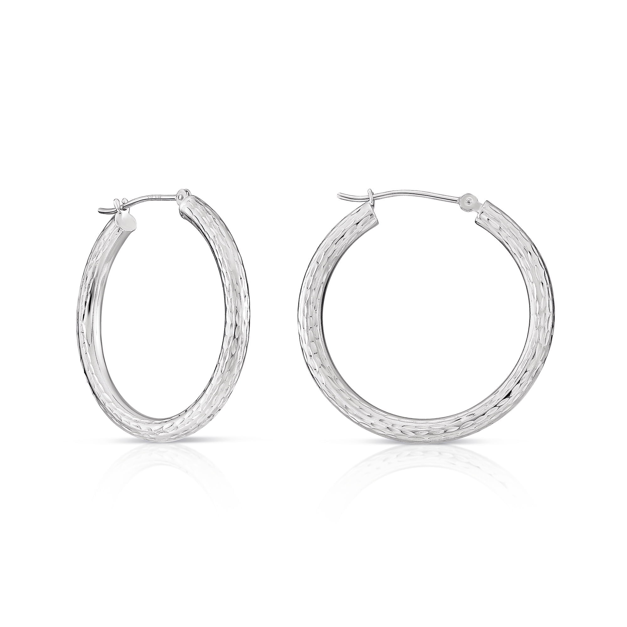 Tilo Jewelry 14K White Gold Diamond-Cut Engraved Round Hoop Earrings (30mm) for Women & Unisex