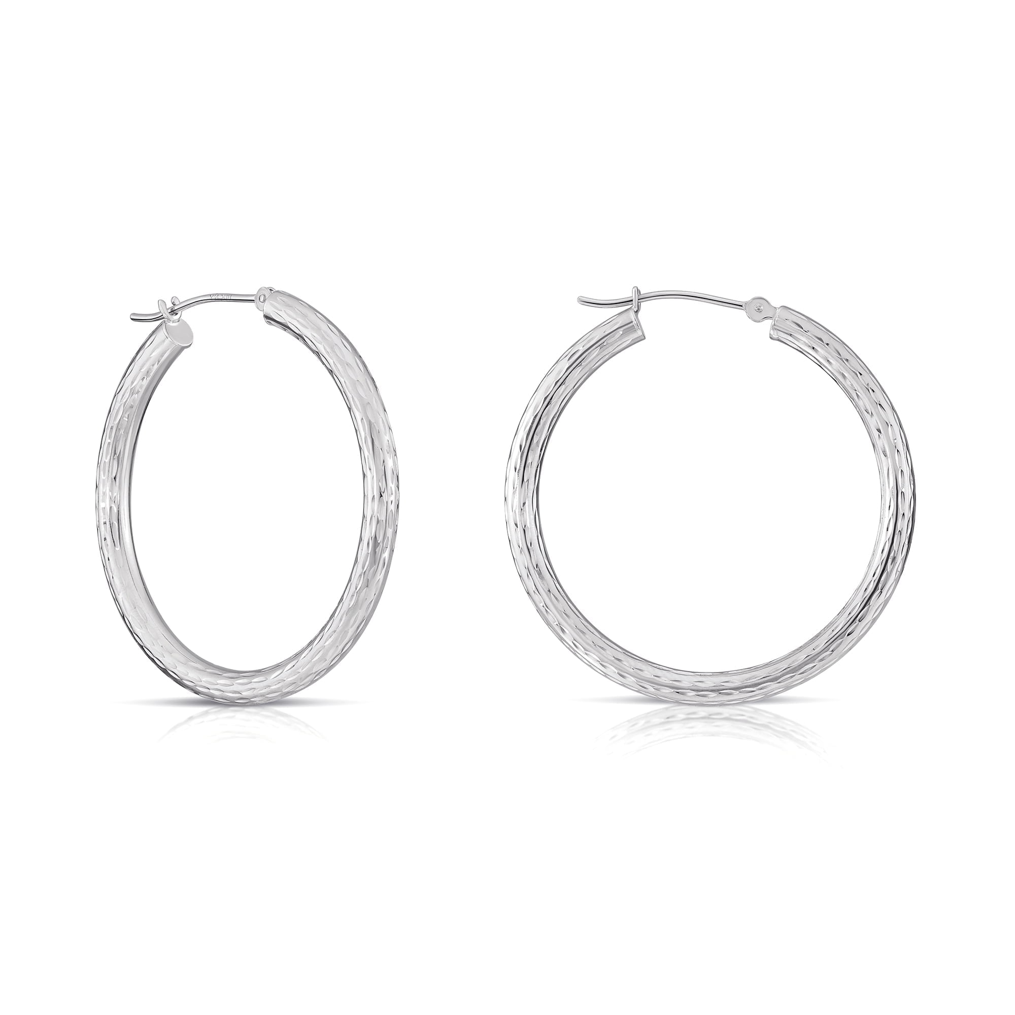 Tilo Jewelry 14K White Gold Diamond-Cut Engraved Round Hoop Earrings (35mm) for Women & Unisex