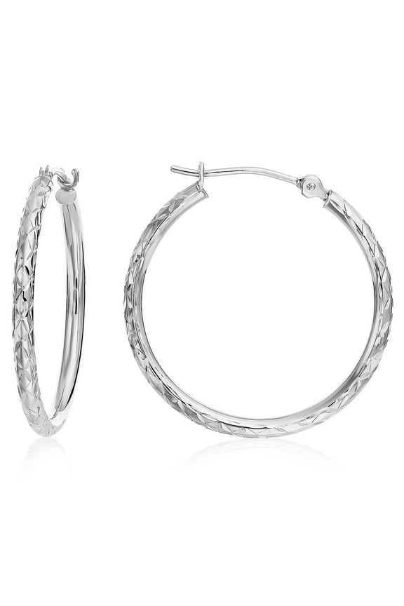 14K White Gold Diamond-Cut Engraved Round Hoop Earrings for Women & Unisex | X-Pattern Design | 25mm - 1 Inch