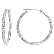 Tilo Jewelry 14K White Gold Diamond-Cut Engraved Round Hoop Earrings for Women & Unisex | X-Pattern Design | 25mm - 1 Inch