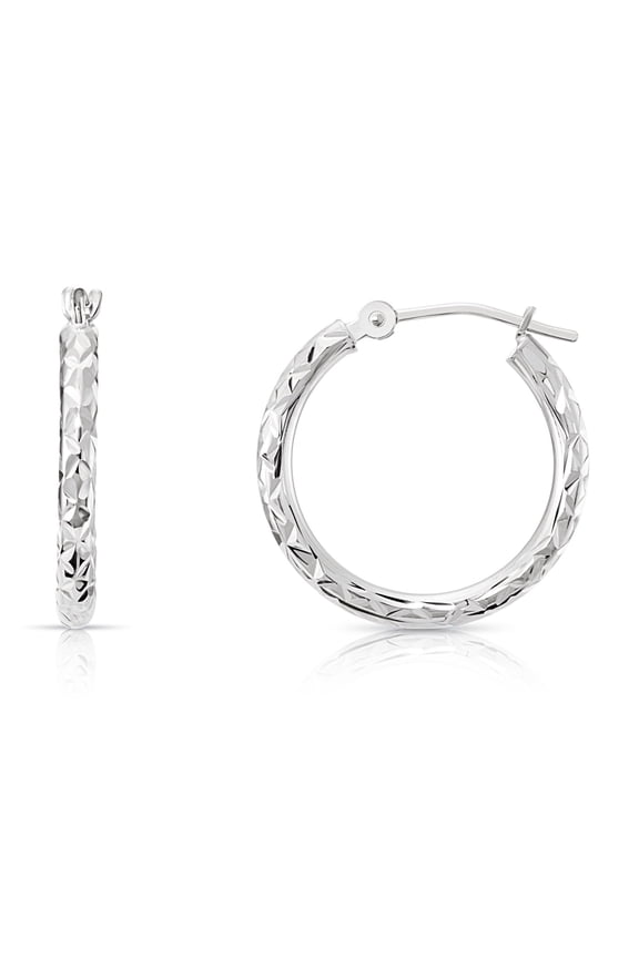 14K White Gold Diamond-Cut Engraved Round Hoop Earrings for Women & Unisex | X-Pattern Design | 18mm - 0.7 Inch