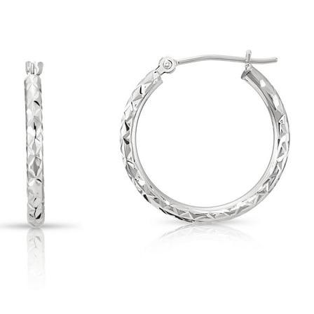 Tilo Jewelry 14K White Gold Diamond-Cut Engraved Round Hoop Earrings for Women & Unisex | X-Pattern Design | 20mm - 0.8 Inch