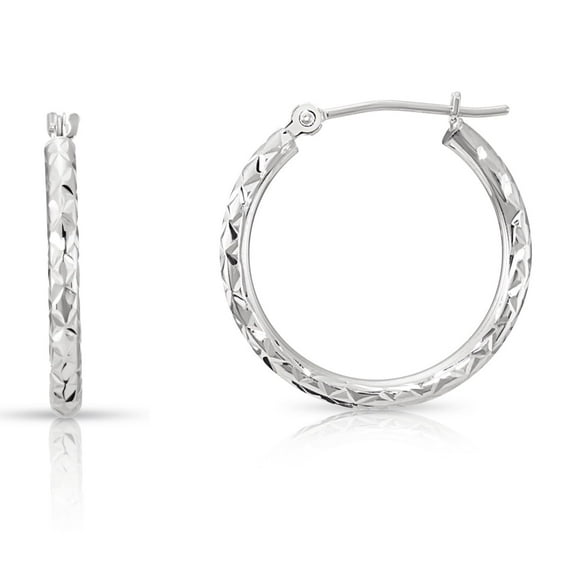 Tilo Jewelry 14K White Gold Diamond-Cut Engraved Round Hoop Earrings for Women & Unisex | X-Pattern Design | 20mm - 0.8 Inch