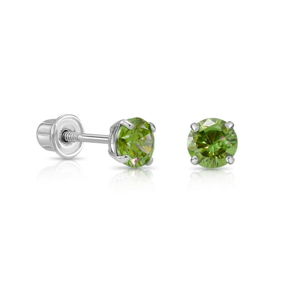 Tilo Jewelry 14K White Gold Green Round Stud Post Earrings with Cubic Zirconia CZ Birthstone | Secure Screw-Backs | May-Emerald | Women, Men & Unisex