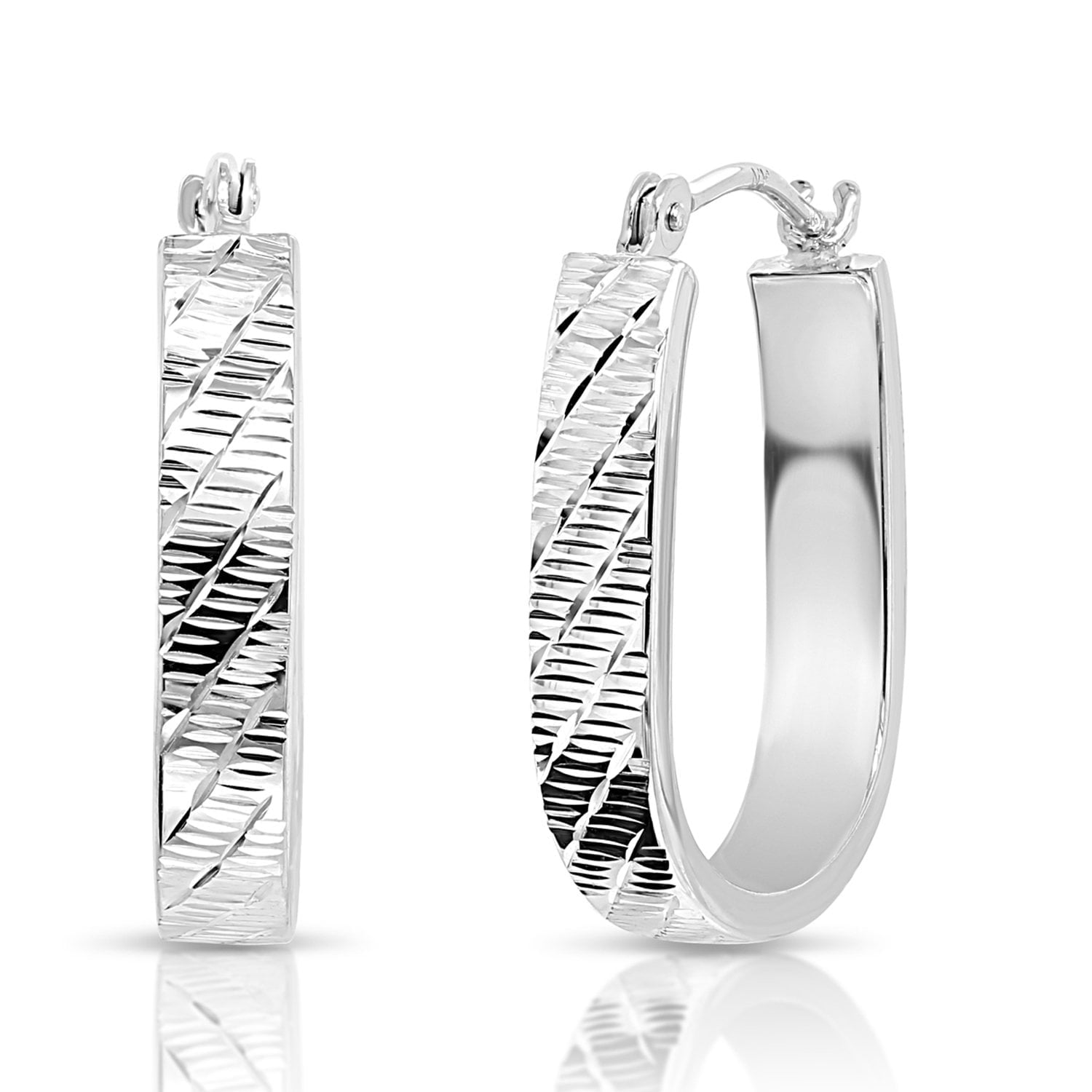 Tilo Jewelry 14K White Gold Hand Engraved Twist Diamond Cut U-Shape Oval Hoop Earrings for Women