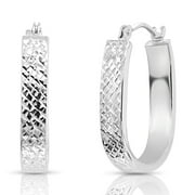 Tilo Jewelry 14K White Gold Hand Engraved X-Pattern Diamond Cut U-Shape Oval Hoop Earrings for Women