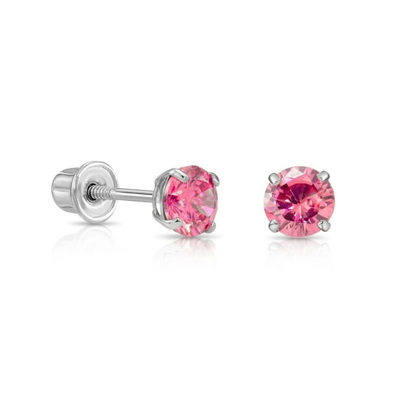 Tilo Jewelry 14K White Gold Pink Round Stud Post Earrings with Cubic Zirconia CZ Birthstone | Secure Screw-Backs | July-Ruby | Women, Men & Unisex