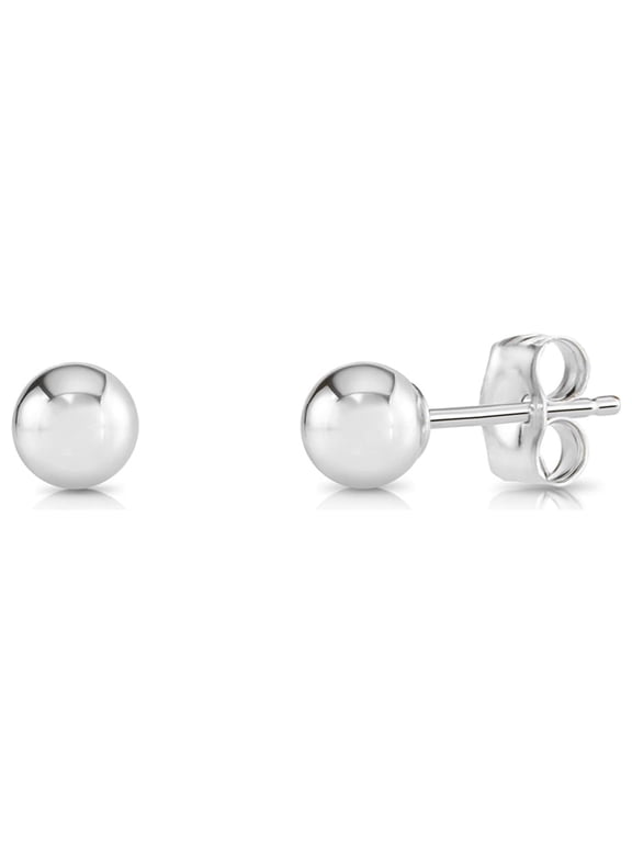 14K White Gold Polished Ball Stud Post Earrings with Secure Push-backs | 4mm | Classic Everyday Earrings | Women, Men, Unisex