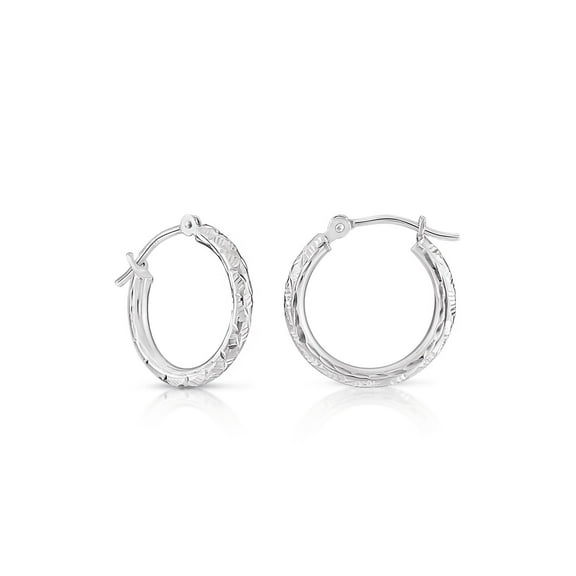 Tilo Jewelry 14K White Gold Round Hoop Earrings with Diamond-Cut Engraving for Women & Unisex | 16mm - 0.63 Inch