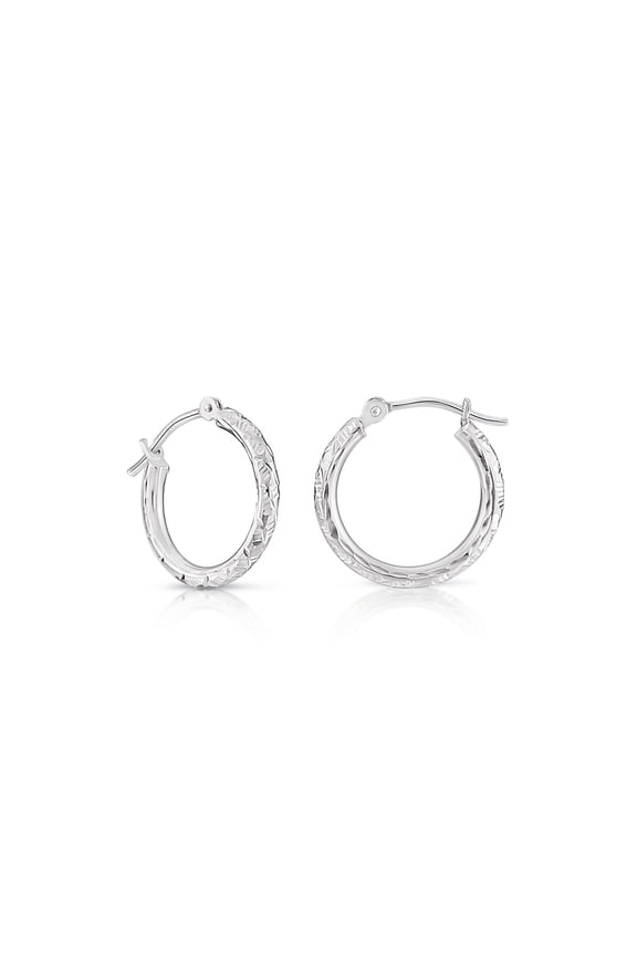 14K White Gold Round Hoop Earrings with Diamond-Cut Engraving for Women & Unisex | 16mm - 0.63 Inch