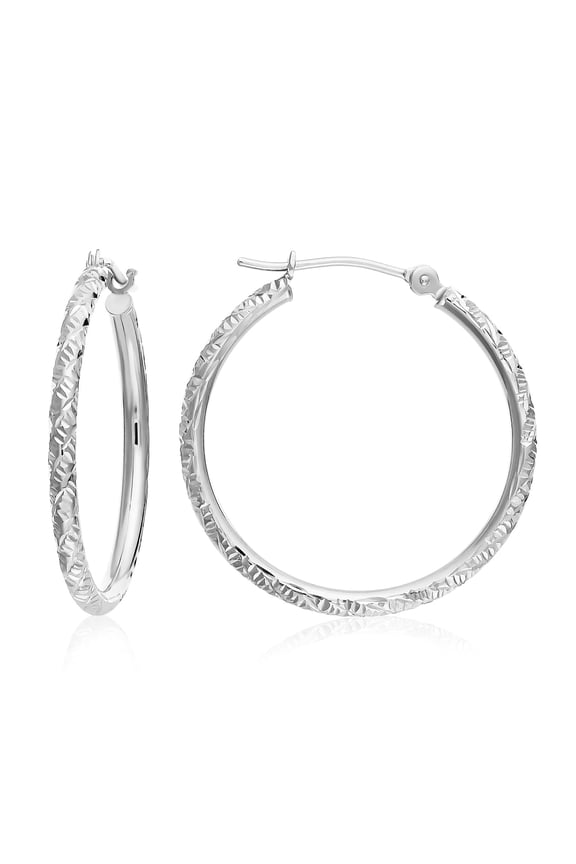 14K White Gold Round Hoop Earrings with Diamond-Cut Engraving for Women & Unisex | 25mm - 1 Inch