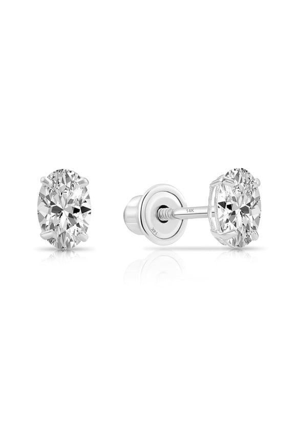 14K White Gold Solitaire Oval CZ Stud Post Earrings with Secure Screw-backs | 6 x 4 mm | Classic Everyday Earrings | Women, Men, Unisex