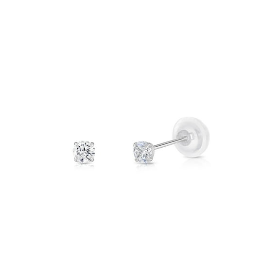 Tilo Jewelry 14K White Gold Solitaire Round CZ Stud Post Earrings with Comfortable Silicone-backs | 3mm | Classic Everyday Earrings | Women, Men, Unisex