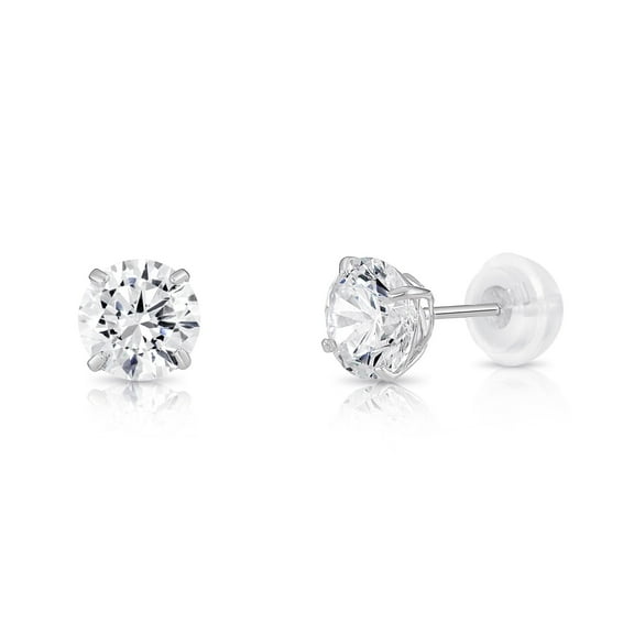 Tilo Jewelry 14K White Gold Solitaire Round CZ Stud Post Earrings with Comfortable Silicone-backs | 6mm | Classic Everyday Earrings | Women, Men, Unisex