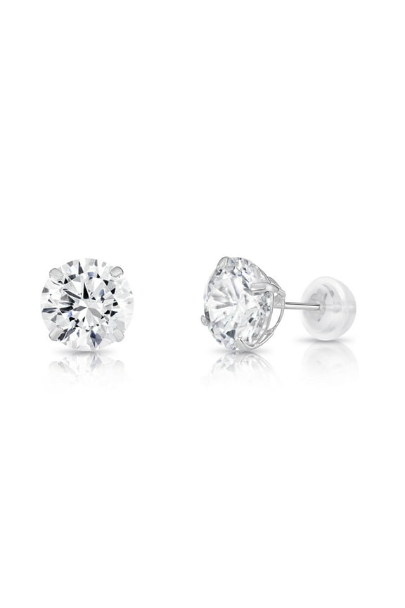 14K White Gold Solitaire Round CZ Stud Post Earrings with Comfortable Silicone-backs | 8mm | Classic Everyday Earrings | Women, Men, Unisex