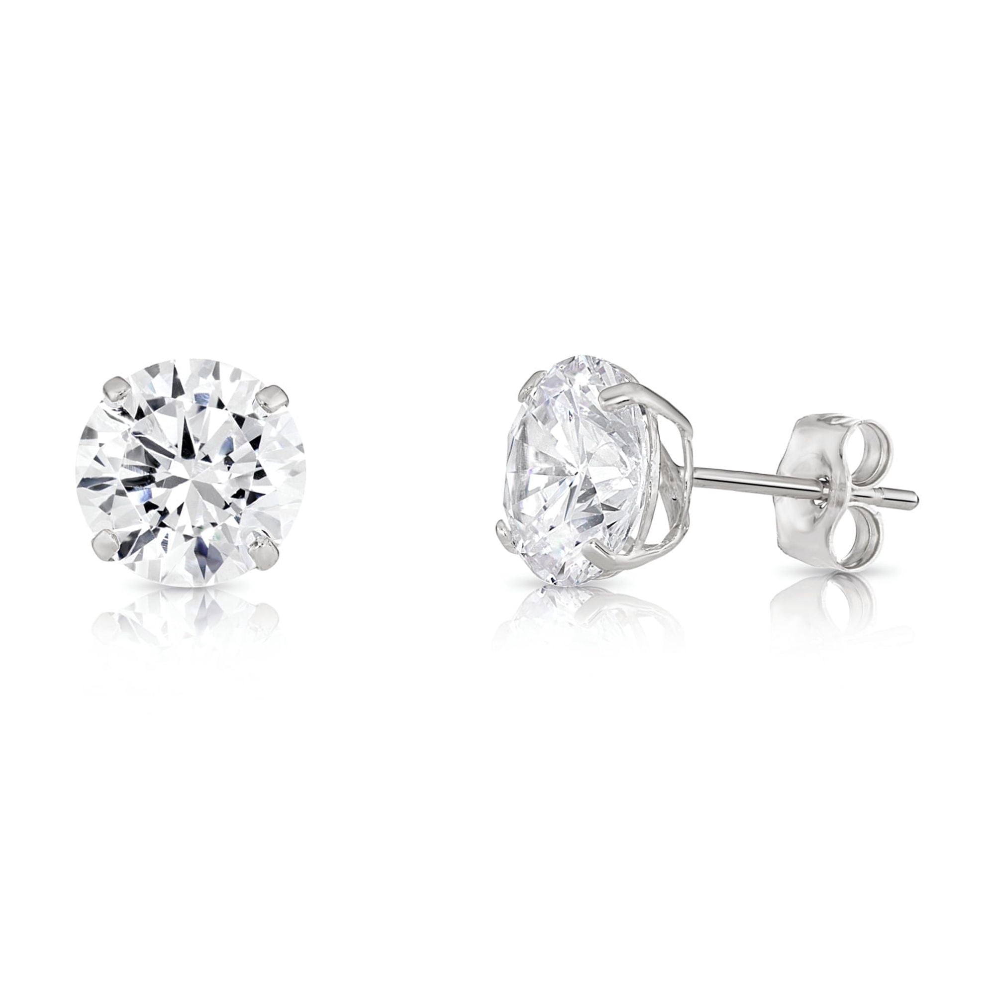 Tilo Jewelry 14K White Gold Solitaire Round CZ Stud Post Earrings with Secure Push-backs | 7mm | Classic Everyday Earrings | Women, Men, Unisex
