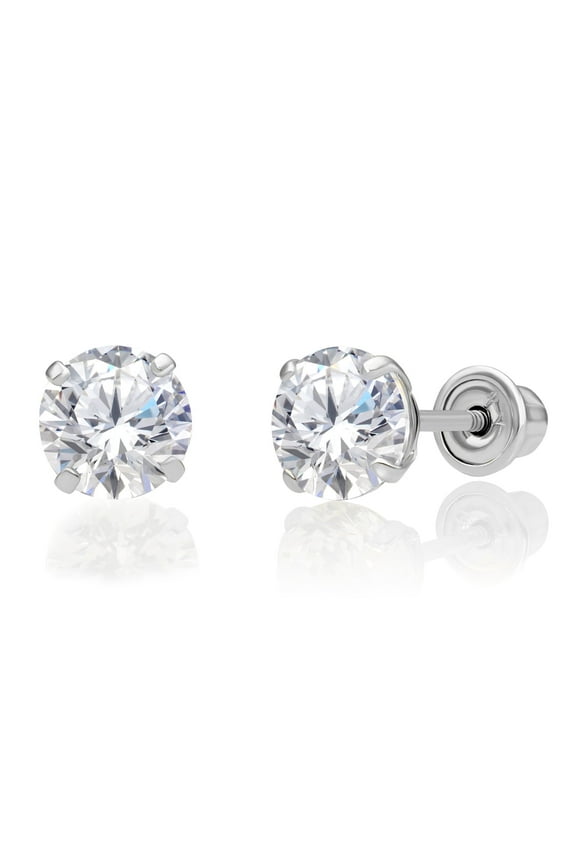 14K White Gold Solitaire Round CZ Stud Post Earrings with Secure Screw-backs | 5mm | Classic Everyday Earrings | Women, Men, Unisex
