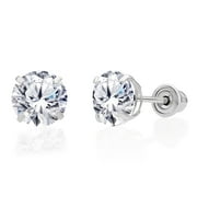 TILO JEWELRY 14K White Gold Solitaire Round CZ Stud Post Earrings with Secure Screw-backs | 6mm | Classic Everyday Earrings | Women, Men, Unisex