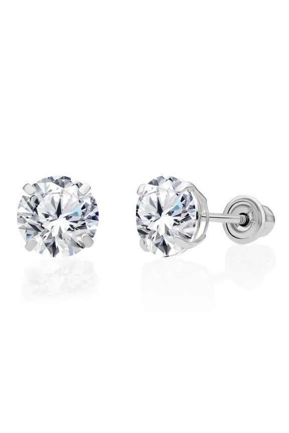 14K White Gold Solitaire Round CZ Stud Post Earrings with Secure Screw-backs | 6mm | Classic Everyday Earrings | Women, Men, Unisex