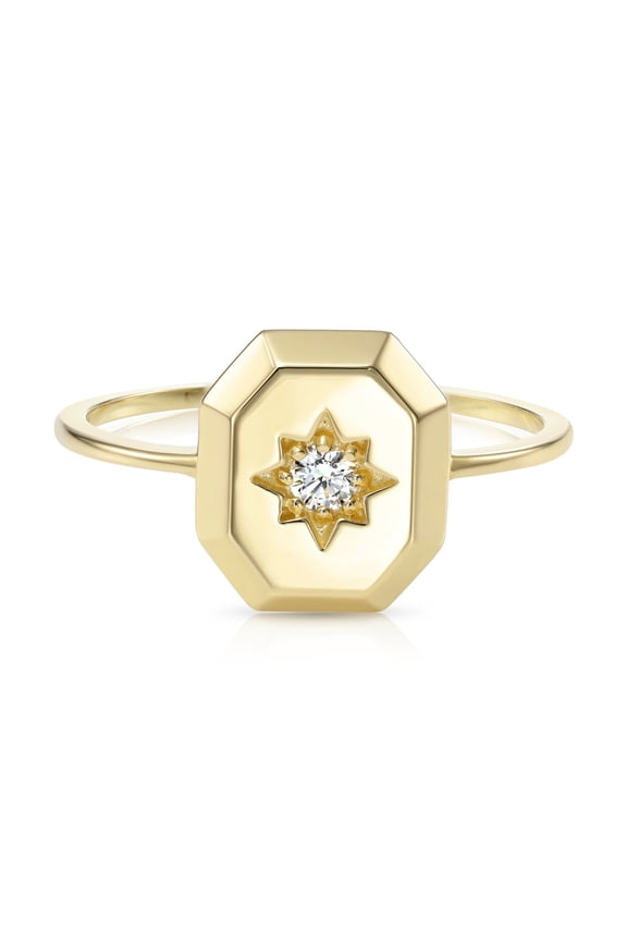 14K Yellow Gold .07 Carat Diamond Solitaire Signet Statement Engagement Ring | Size 5 | Lab Grown Diamond Ring for Women & Unisex