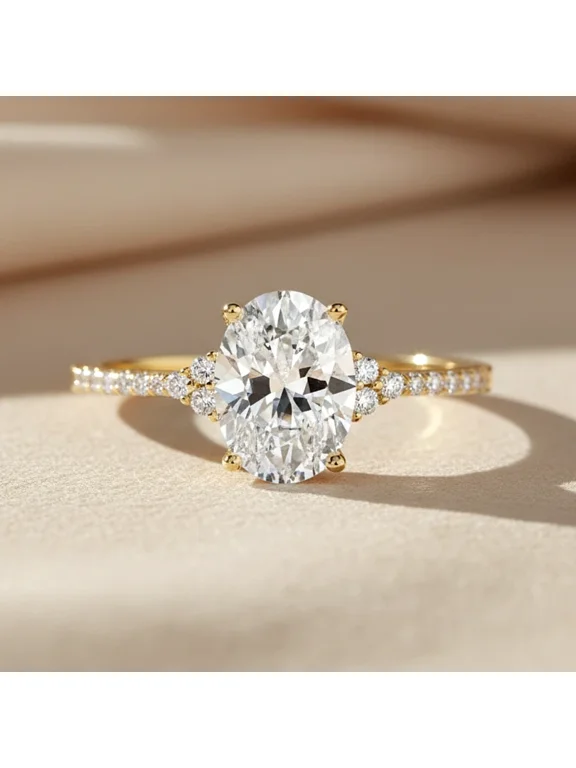 14K Yellow Gold 1.50 Carat Solitaire Oval-Shaped Engagement Wedding Ring with Side-stone Accents | Size 6 | Classic Engagement Ring for Women