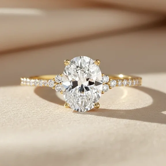 Tilo Jewelry 14K Yellow Gold 1.50 Carat Solitaire Oval-Shaped Engagement Wedding Ring with Side-stone Accents | Size 7 | Classic Engagement Ring for Women