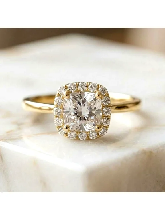 14K Yellow Gold 1 Carat Solitaire Cushion-Cut Halo Engagement Wedding Ring | Size 8 | Classic Engagement Ring for Women