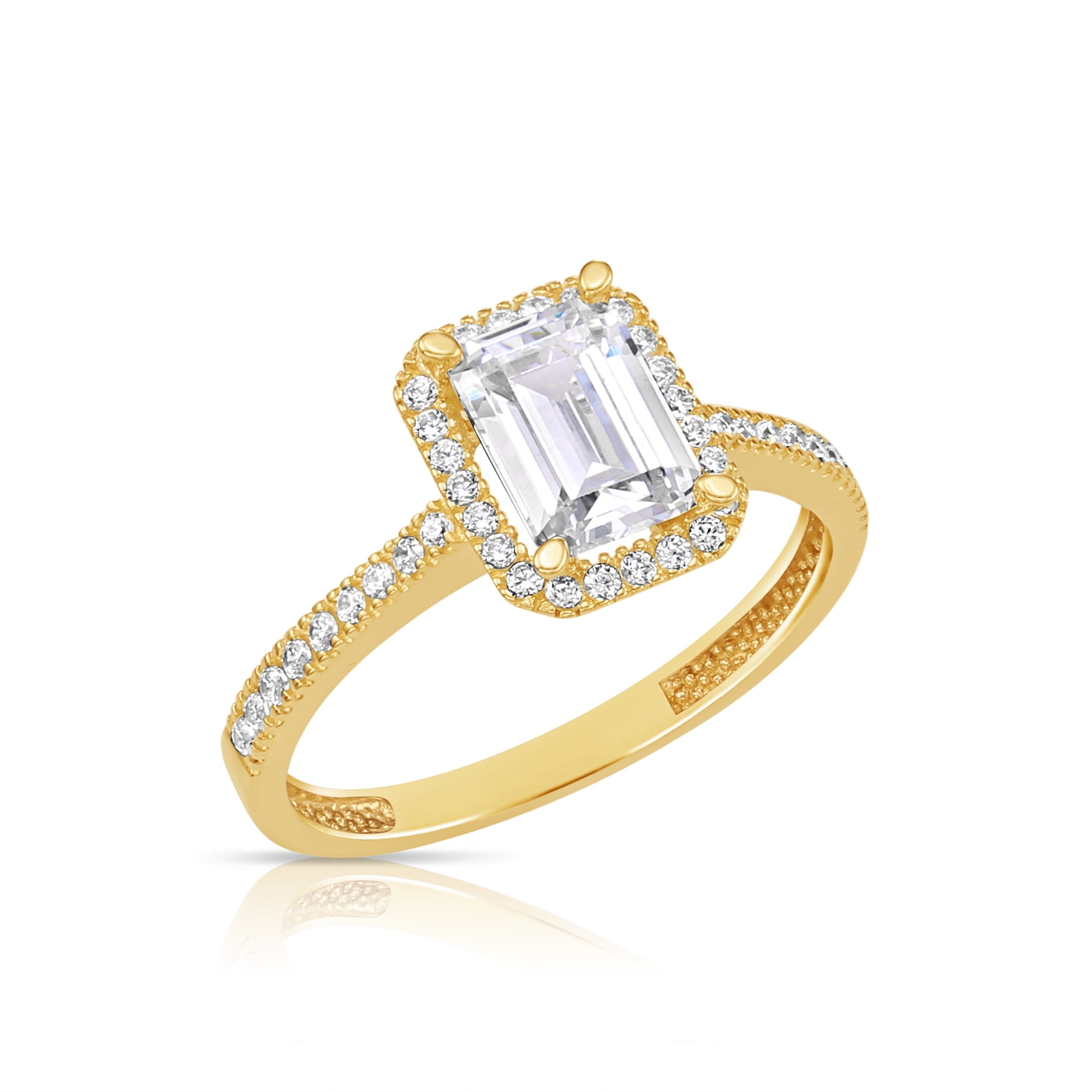 Tilo Jewelry 14K Yellow Gold 1 Carat Solitaire Emerald-Cut Halo Engagement Wedding Ring with Side-stone Accents | Size 9 | Classic Engagement Ring for Women