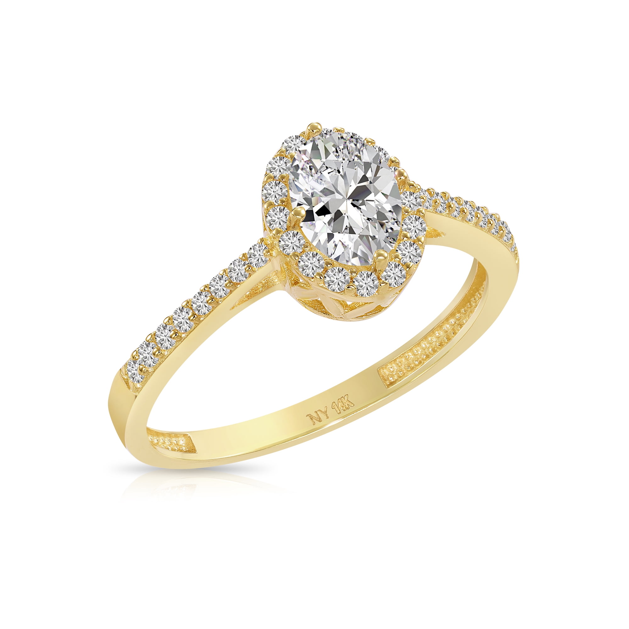 Tilo Jewelry 14K Yellow Gold 1 Carat Solitaire Oval Halo Engagement Wedding Ring with Side-stone Accents | Size 5 | Classic Engagement Ring for Women