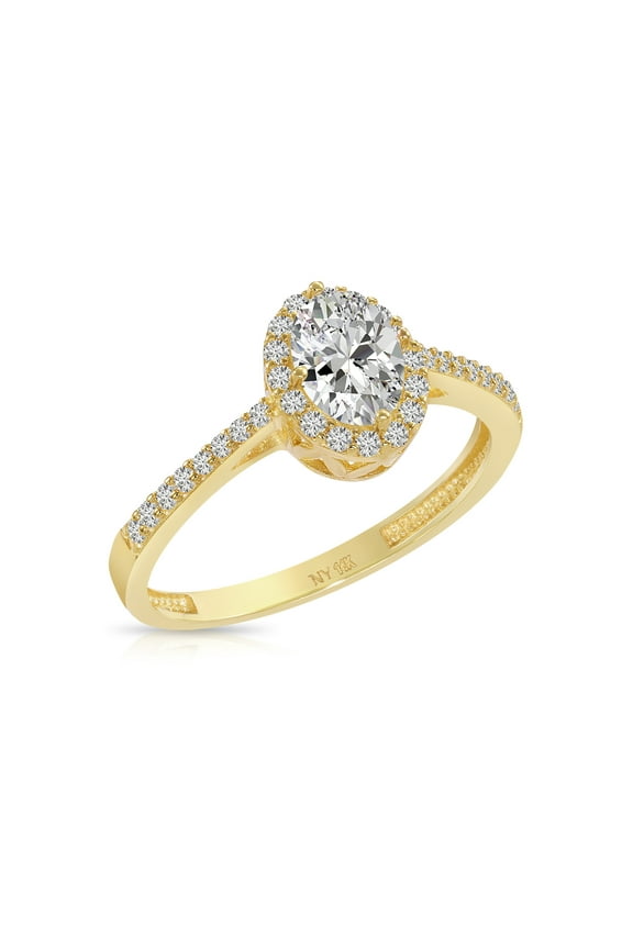 14K Yellow Gold 1 Carat Solitaire Oval Halo Engagement Wedding Ring with Side-stone Accents | Size 5 | Classic Engagement Ring for Women