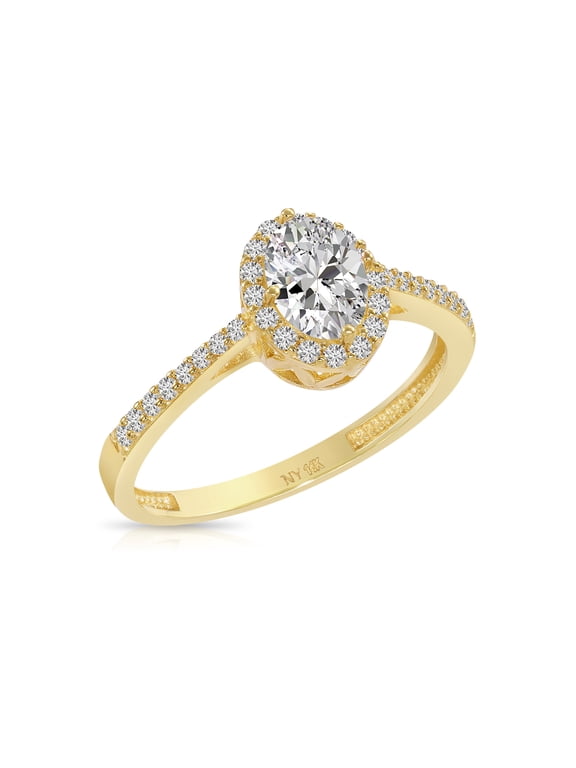 14K Yellow Gold 1 Carat Solitaire Oval Halo Engagement Wedding Ring with Side-stone Accents | Size 8 | Classic Engagement Ring for Women