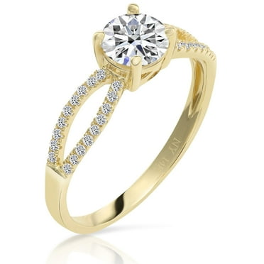 Tilo Jewelry 14K Yellow Gold 1 Carat Solitaire Round Brilliant Engagement Wedding Ring with Side-stone Accents | Size 6 | Classic Engagement Ring for Women