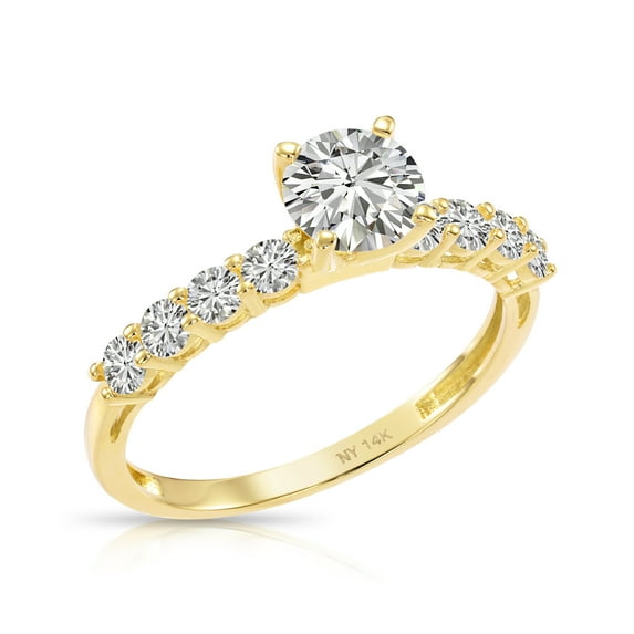 Tilo Jewelry 14K Yellow Gold 1 Carat Solitaire Round Brilliant Engagement Wedding Ring with Side-stone Accents | Size 8 | Classic Engagement Ring for Women