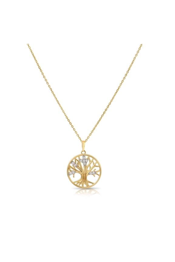 14K Yellow Gold .10 Carat Diamond Tree of Life Amulet Pendant Charm Necklace for Women & Unisex | 18 Inch Cable Chain