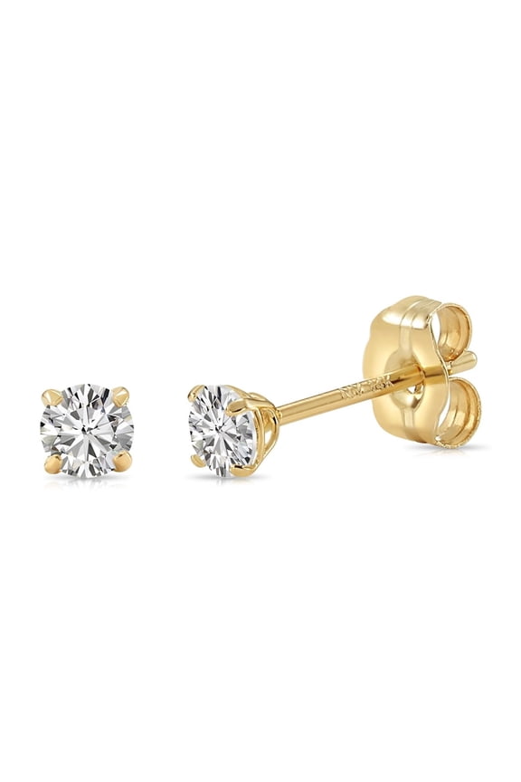 14K Yellow Gold .14 Carat Solitaire Round Diamond Stud Post Earrings with Secure Push-backs | 2.5mm | Lab Grown Diamond Earrings | Women, Men, Unisex
