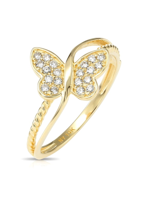 14K Yellow Gold .18 Carat Diamond Butterfly Statement Engagement Wedding Ring with Twist Rope Band | Size 5 | Dainty Butterfly Diamond Ring for Women