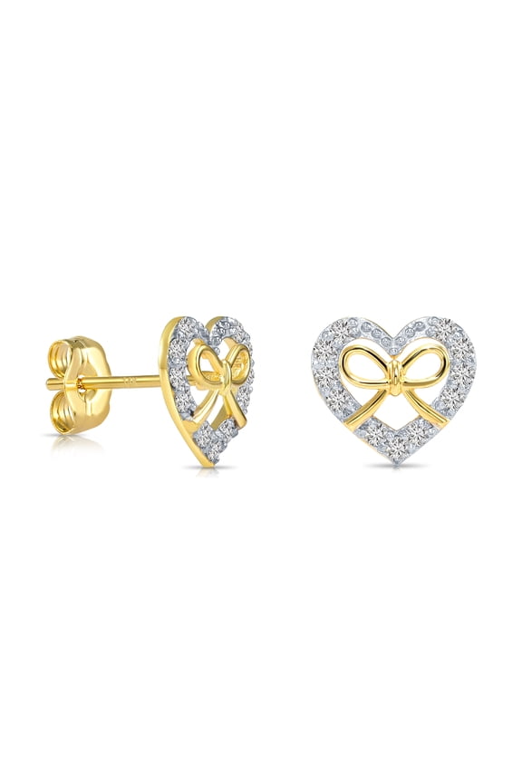 14K Yellow Gold .20 Carat Diamond Heart Bow Ribbon Stud Post Earrings with Secure Push-Backs | Lab Grown Diamond Heart Studs for Women & Unisex