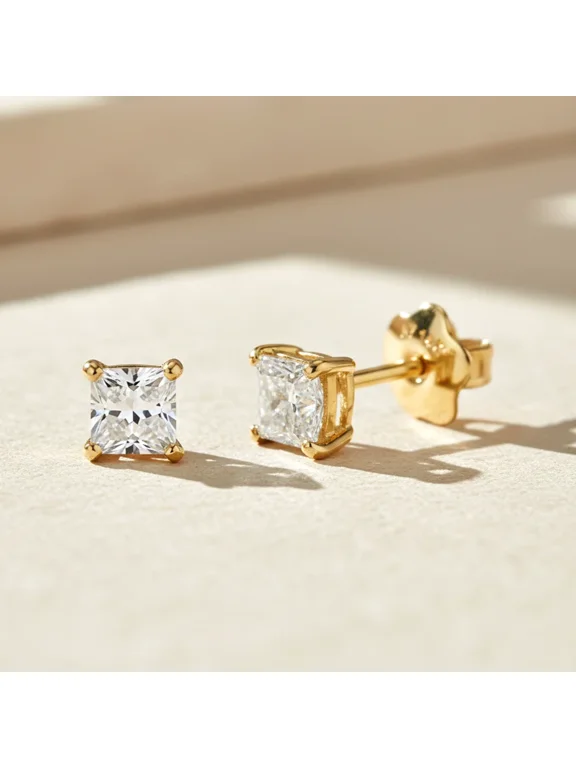 14K Yellow Gold .20 Carat Solitaire Princess-Cut Diamond Stud Post Earrings with Secure Screw-backs | 2.5mm | Lab Grown Diamond Earrings | Women, Men, Unisex