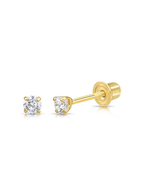 14K Yellow Gold .22 Carat Solitaire Round Diamond Stud Post Earrings with Secure Screw-backs | 3mm | Lab Grown Diamond Earrings | Women, Men, Unisex