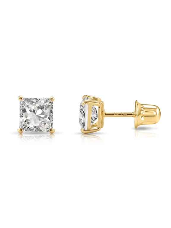 14K Yellow Gold .35 Carat Solitaire Princess-Cut Diamond Stud Post Earrings with Secure Screw-backs | 3mm | Lab Grown Diamond Earrings | Women, Men, Unisex