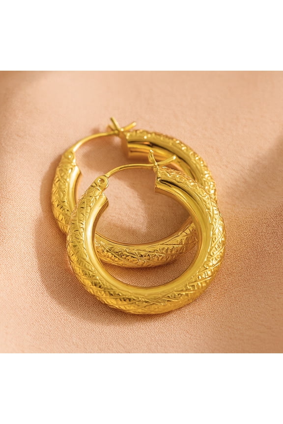 14K Yellow Gold 5mm Thick Large Chunky Gold Hoop Earrings with Diamond-Cut Engraving (50mm - 2 Inch) for Women & Unisex