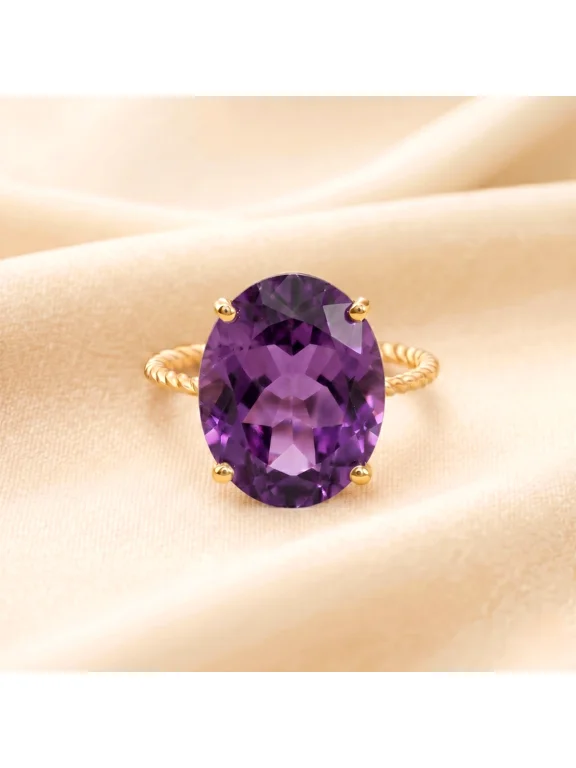 14K Yellow Gold 6 Carat Amethyst Solitaire Oval Engagement Band Ring with Twist Rope Design | Size 5 | Natural Gemstone Statement Ring for Women & Unisex
