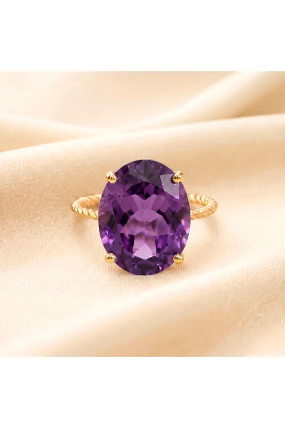 14K Yellow Gold 6 Carat Amethyst Solitaire Oval Engagement Band Ring with Twist Rope Design | Size 5 | Natural Gemstone Statement Ring for Women & Unisex